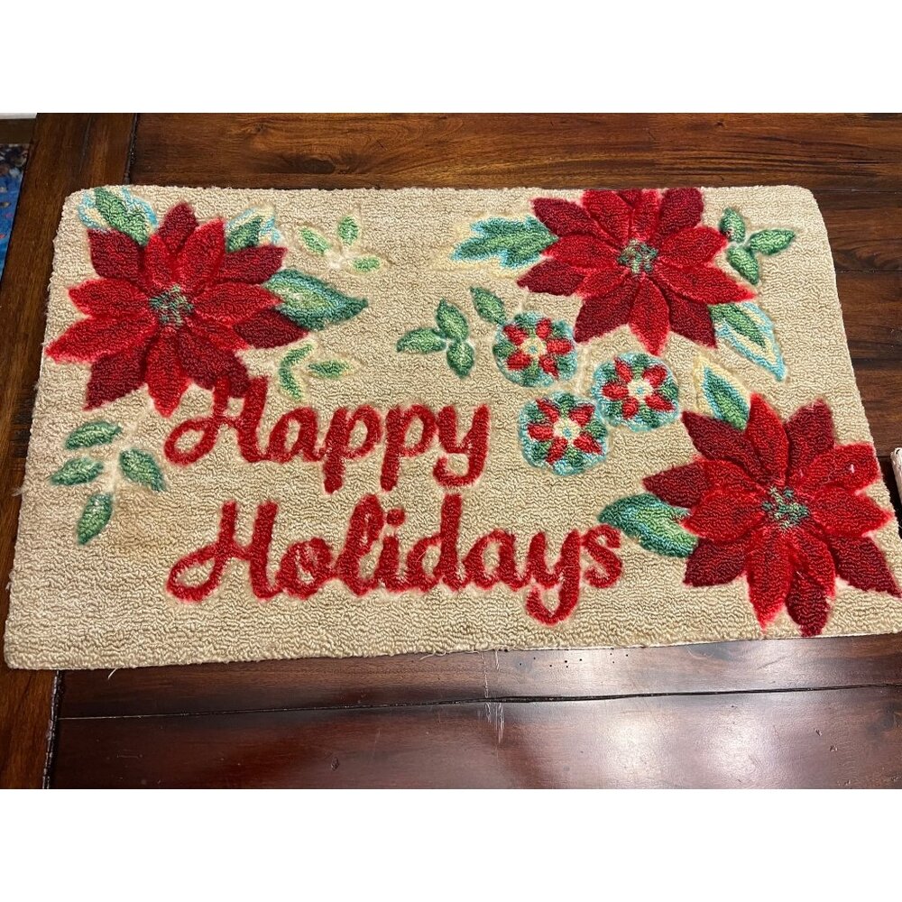 Christmas Mat Happy Holidays Poinsettias Retro Hooked Rug